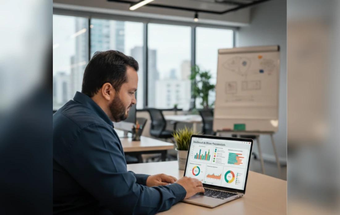 Especialista em tecnologia analisando indicadores em dashboard