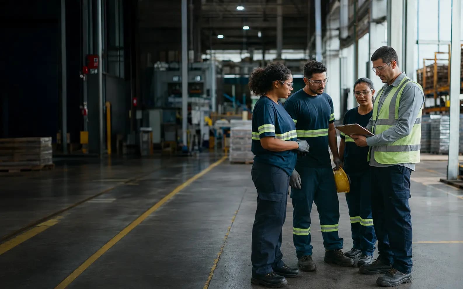 Equipe em ambiente industrial avaliando condições de trabalho e fatores psicossociais ocupacionais.